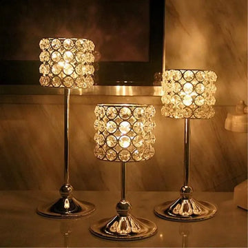 3Pc Silver Plated K9 Crystal Candlestick Set for Wedding and Home Decor