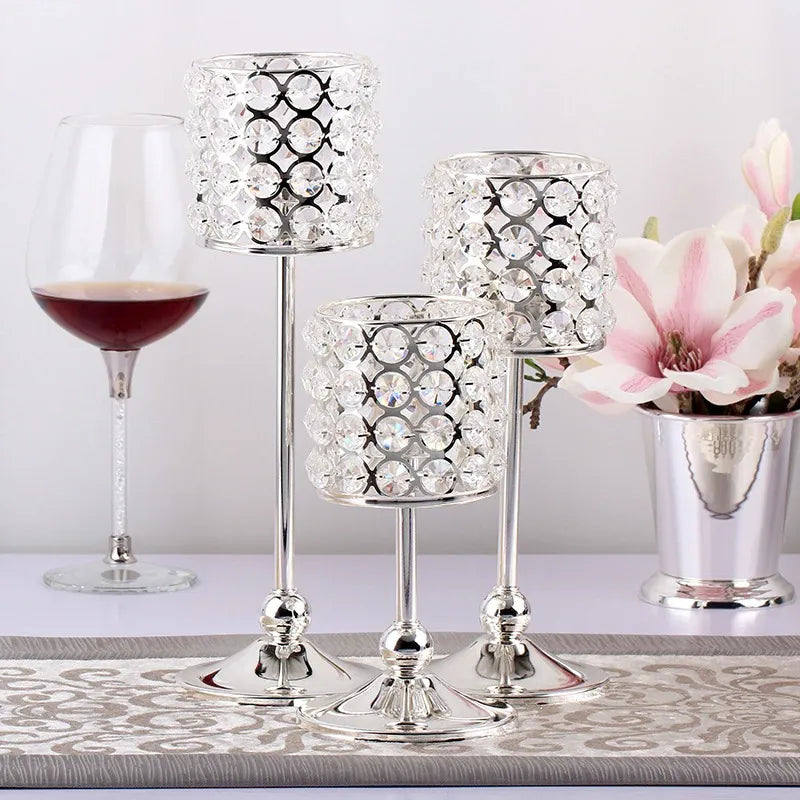 3Pc Silver Plated K9 Crystal Candlestick Set for Wedding and Home Decor