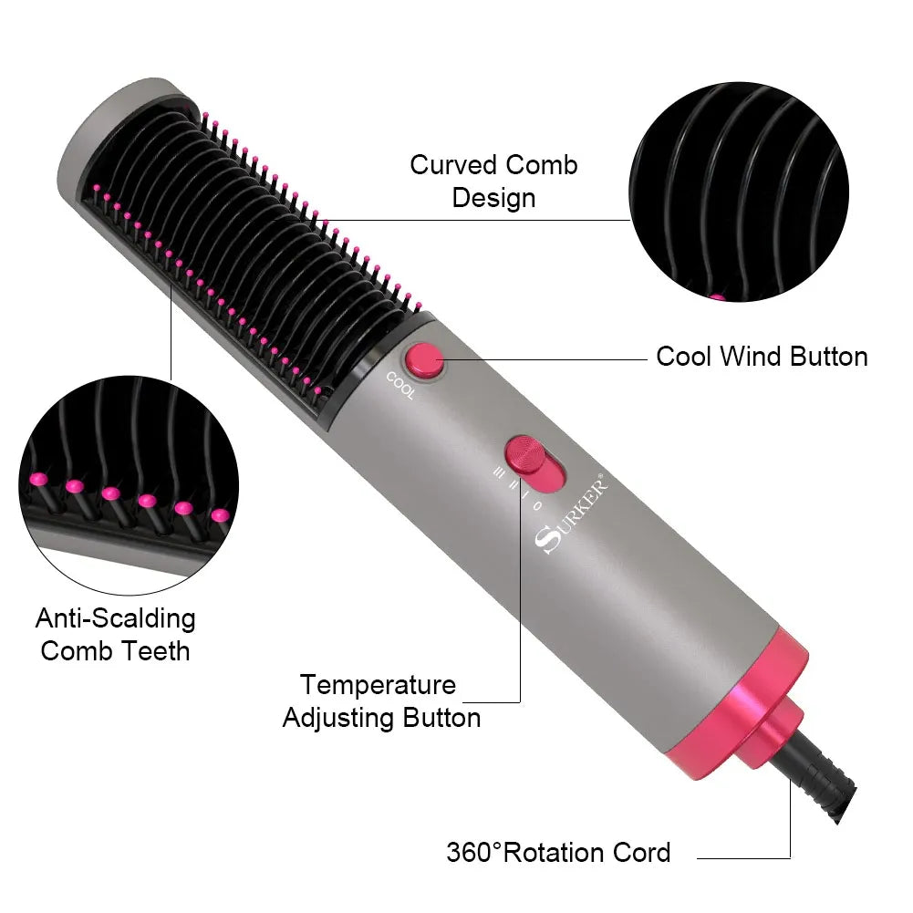 3 In 1 Hair Straightener Brush With Blow Dryer Fast Drying Tourmaline Ceramic Negative Ion Styler 100 To 200 Degree Dual Voltage