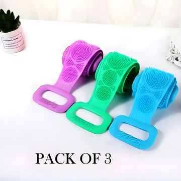 Pack of 3 Silicone Back Scrubber Soft Loofah Bath Towel and Massage Belt with Double Sided Exfoliating Brush for Deep Body Cleaning and Skin Massage