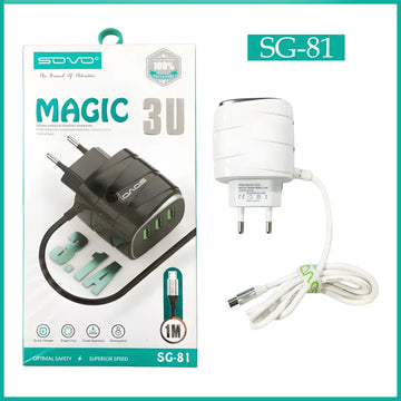 SOVO SG81 MAGIC 3.1A Fast Charger with Built In Micro USB Cable Triple USB Ports Smart Safety Protection Wall Adapter
