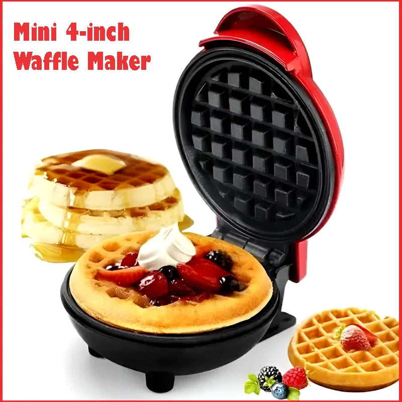 Compact 4 Inch Non Stick 350 Watt Electric Mini Waffle Maker Machine with PFOA Free Coating and Ready Indicator Light for Quick Breakfasts Red and Black