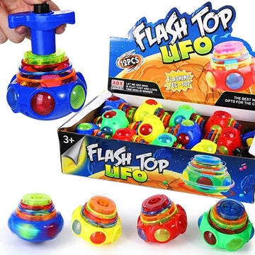 UFO Spinning Tops 12 Piece Set with Launchers LED Light Up Music Flashing Spinner Toy